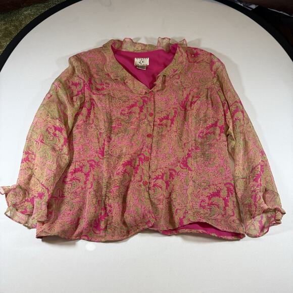 Vintage Y2K ICE Silk Paisley Beaded Ruffle Fairy Button Front Blouse Pink Wms XL - Picture 5 of 13